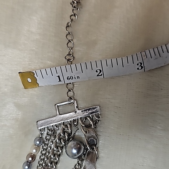 Vintage 80's Multi-Strand Pearl Ribbon Choker Necklace Costume Jewelry Silver - Picture 5 of 6